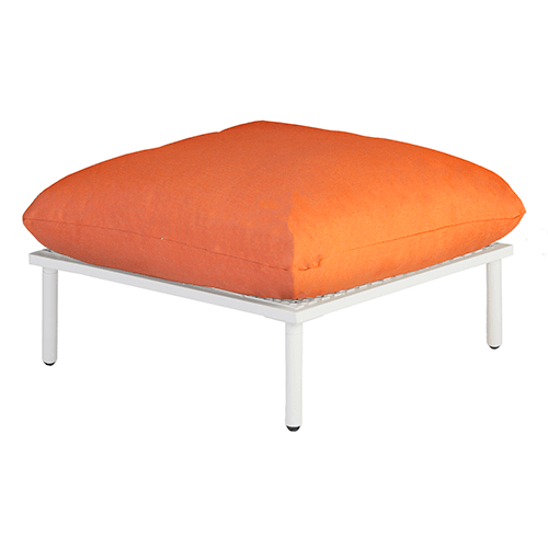 footstool with shell frame and orange cushions
